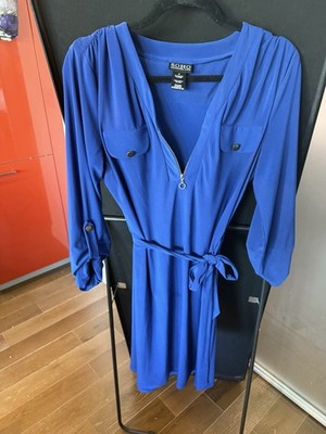 SOHO Apparel Ltd Blue Tie Waist Dress Women s M Long Sleeve Zip Front Stretch