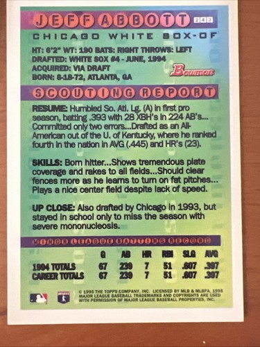 Bowman #243 1995, Jeff Abbott, Chicago White Sox Prime Prospect lámina de oro - Imagen 4 de 4
