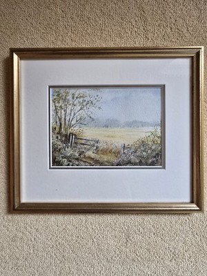 Aquarell Gemälde einer Feldlandschaft mit Tor