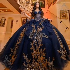 Navy Blue Shiny Quinceanera Dress Beads Gold Lace Tull Corset Sweet 16 Ball Gown