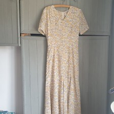 Vtg 90s Cockney Rebel Midi Dress Sz 12 14 Yellow Grey Floral