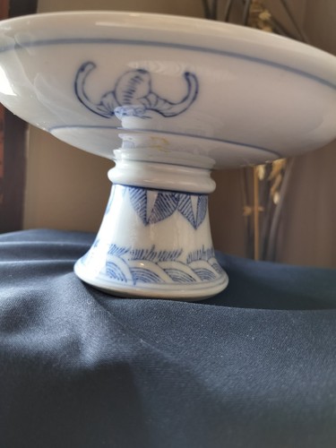 Vintage Chinese Tazza (Pedestal Dish) Vintage, Blue & White Compote Cake Stand - Picture 5 of 14