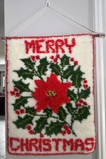 Vintage Merry Christmas Latch Hook Wall Hanging Poinsettia Handmade Sultana