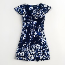 LAUREN Ralph Lauren Blue White Floral Jersey Flutter Sleeve Dress Size 8 Stretch