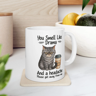 Funny Drama Cat Coffee Mug - 11oz Ceramic Stoneware Cup, Dishwasher & Microwave Safe