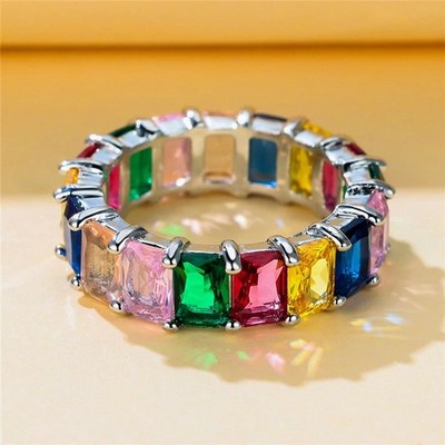 Luxury Rainbow Cubic Zirconia Ring Wedding Engagement Band Women Rings Jewelry