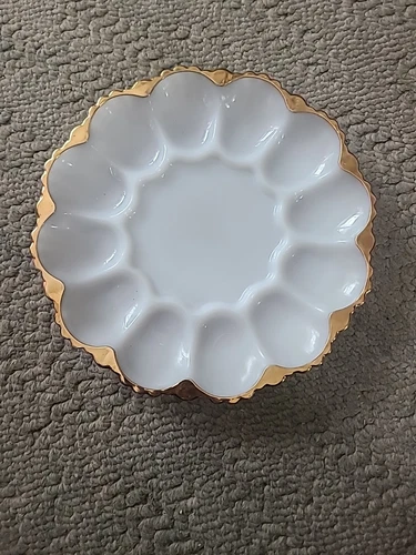 Vintage Deviled Egg Platter White Milk Glass Gold Trim - 10’