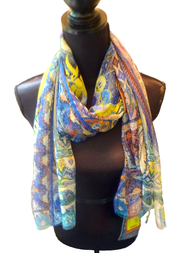 Etro Bufanda Mantón Envoltura Azul Lima Mezcla Seda Estampado Etro Oblongo 15 Nuevo con Etiquetas Foto 3 de 4