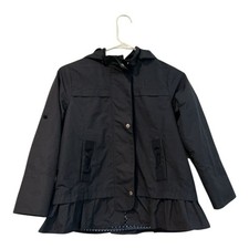 Kumikyoku Girls Hooded Jacket Size 10 Dark Blue Ruffle Hem Polka Dot Lining New