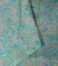 Sanskriti Vintage Saree Blue Soft Pure Silk Floral Print-Woven Sari 6 Yd Fabric