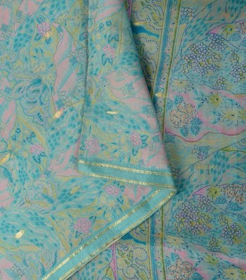 Sanskriti Vintage Saree Blue Soft Pure Silk Floral Print-Woven Sari 6+Yd Fabric