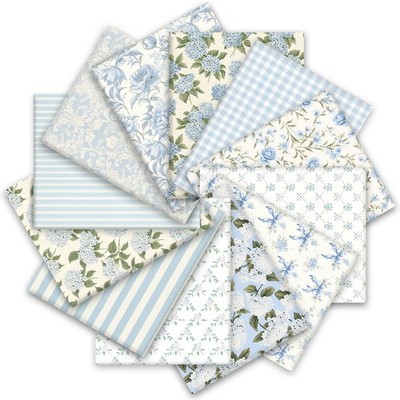 12Pcs Hydrangea Cotton Fabric Bundles 10 x 10 Inch Watercolor Dusty Blue Flor...