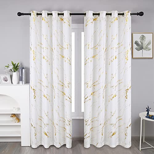  Gold Foil Print Linen Textured Curtains 52"W x 84"L (Pack of 2) Off White/Gold thumbnail 2