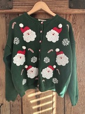 Vintage Heirloom Collectibles Cardigan Sweater Santa Claus Embroidered Green