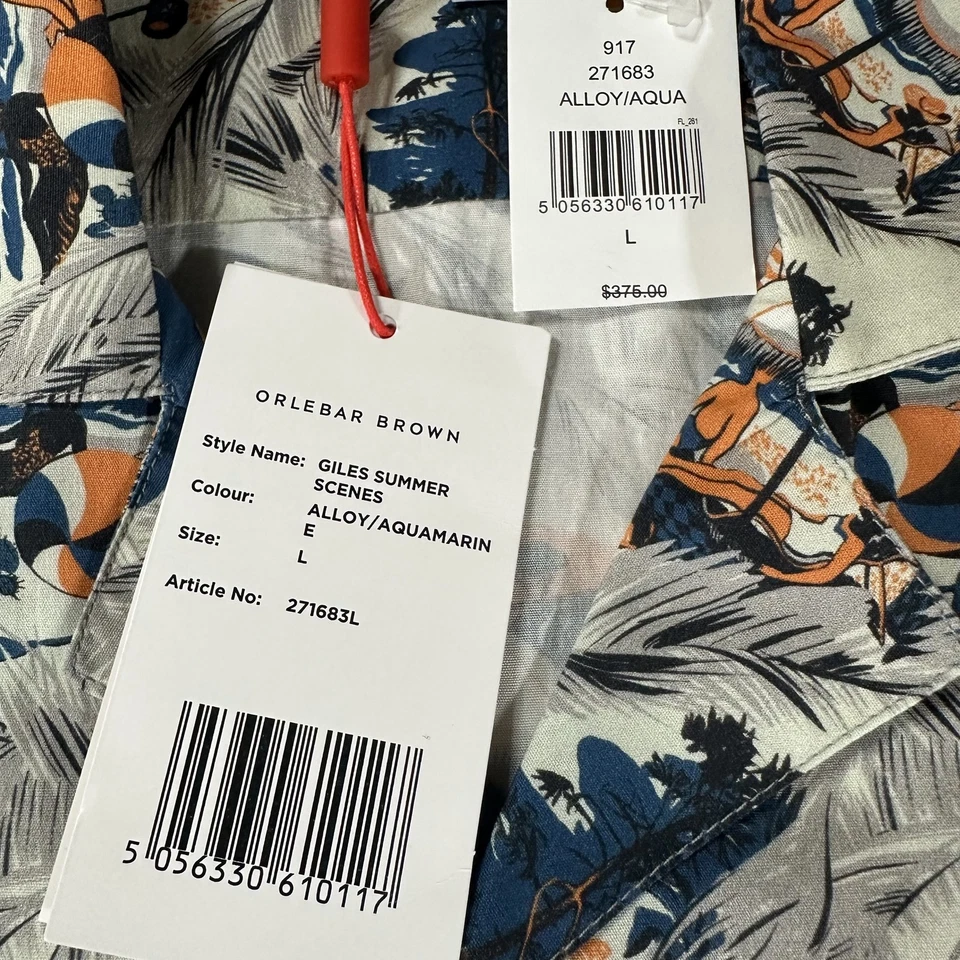 Camisa Orlebar Marrón Para Hombres Grande Aleación Aqua Giles Verano Escenas Estampado Algodón Nueva con Etiquetas Foto 4 de 4