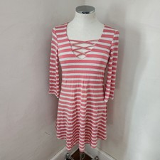 Living Doll Los Angeles Striped Lattice V-Neck Mini Dress Pink Grey Womens M