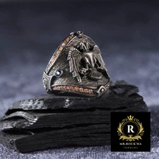 Seljuk Imperial Animal,Double Headed Eagle,Orange Zircon,925 Silver Men's Ring