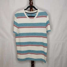 Hawk size L t-shirt multicolor striped v-neck short sleeves