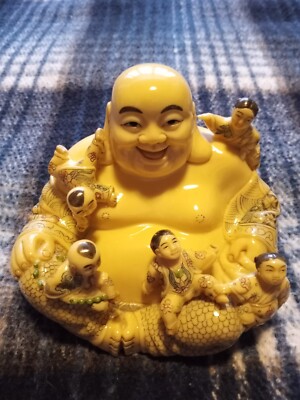 Carved resin Buddah with playing children figure. Finely crafted, signed. Rare!