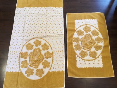 Vintage Texcraft Set of 2 Harvest Gold & White Cotton Hand Bath Towel   (S3)