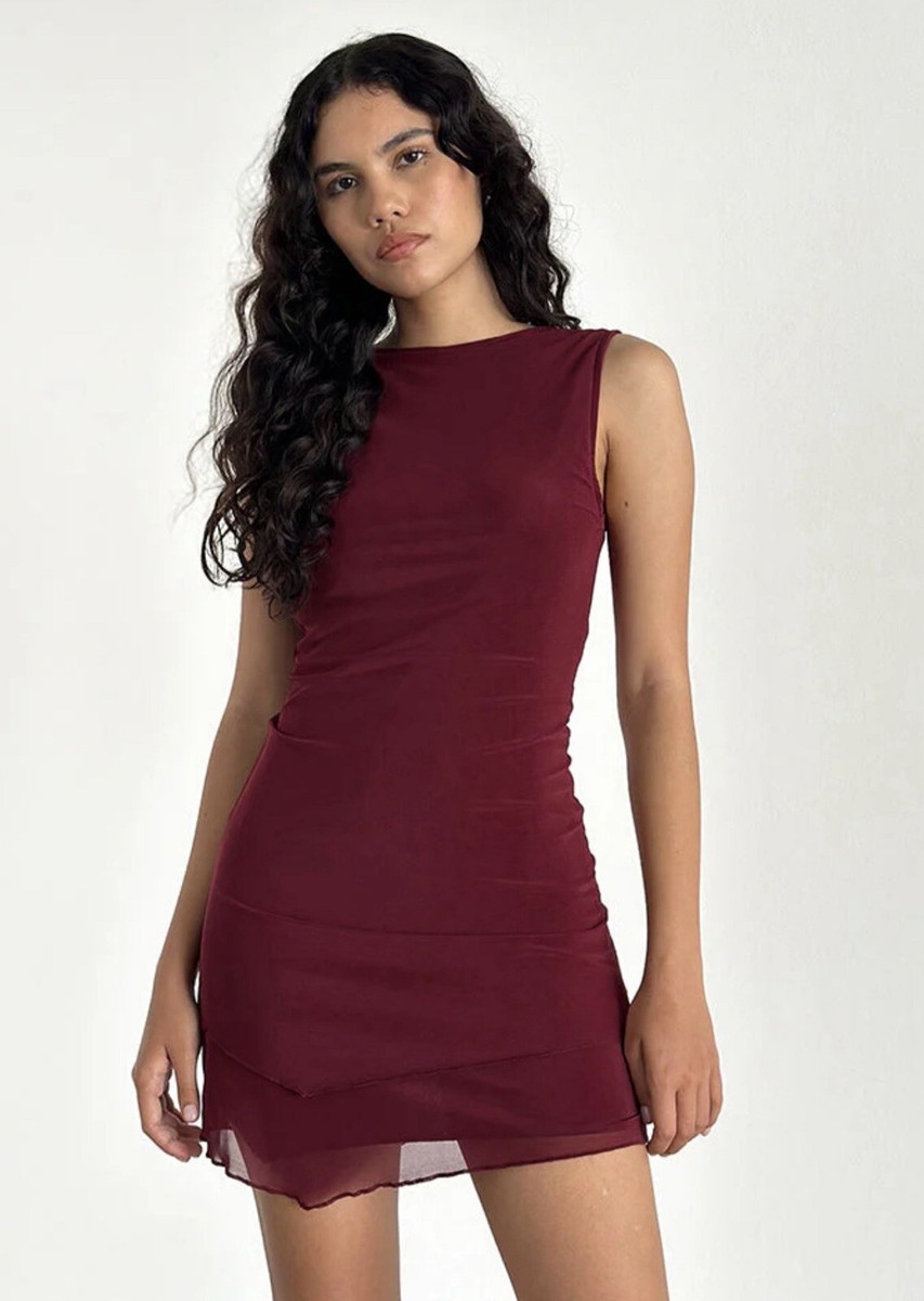 MOTEL Renata Asymmetrical Mini Dress In Burgundy Mesh Sz Small NWT