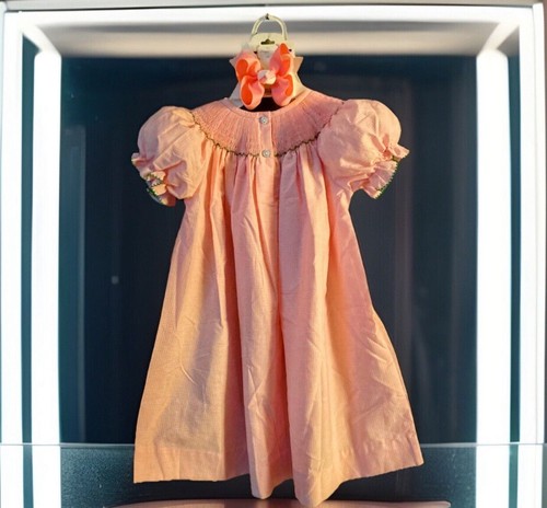 Girls NWT Southern Sunshine Smocked Dress Fall Pumpkins Gingham Free Bow 2 - Picture 6 of 10
