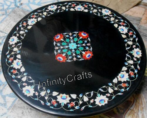 24x24 Inches Carnelian Stone Inlay Work Sofa Table Black Marble Coffee Table Top