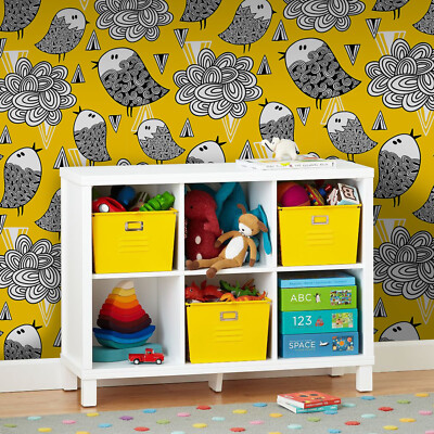 Doodle bird Non-woven wallpaper yellow and gray Home wall mural large Wallcover