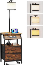 Brown End Table with Floor Lamp  Charging Station, 2 Drawers, 3-Color Bulb