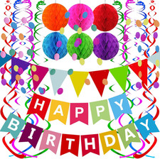 Happy Birthday Banner Set with Paper Garland Swirls Honeycomb Balls