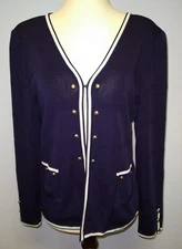 Ming Wang Navy & White  Jacket Cardigan W/ Shoulder Pads & Bronze Hardware~Sz S