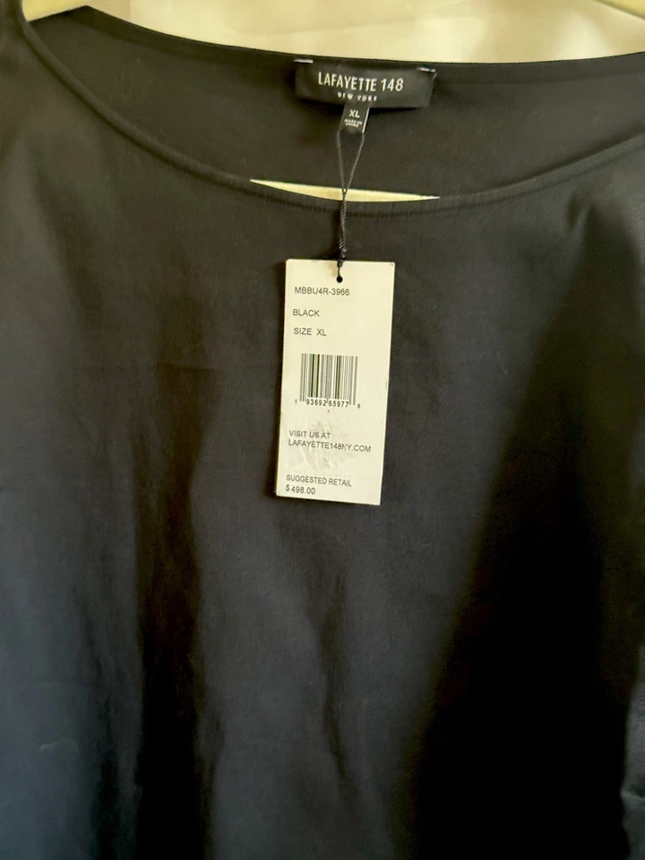 Blusa para mujer LAFAYETTE 148 negra elástica algodón/nylon barco NK manga con volantes, XL Foto 2 de 4