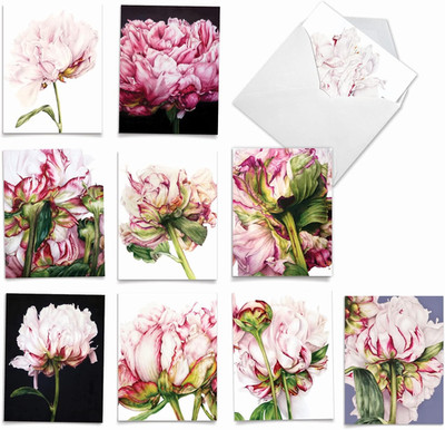 Boxed Floral Note Cards - 10 Assorted Blank Peony Notecards (4x5.12 Inch)