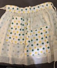 Vintage Handmade Sheer With Green Yellow Polka Dots Half Apron  Pockets Retro