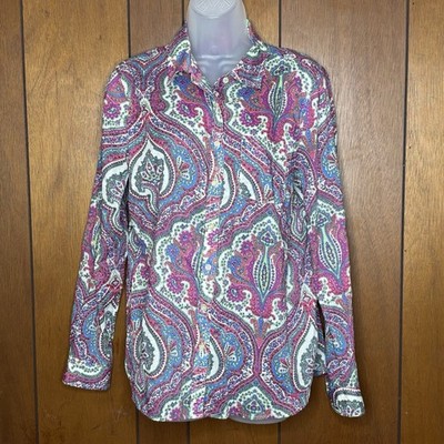 Talbots Blouse Womens M Pink Paisley Semi Sheer Boho Roll Tab Cottagecore Beach