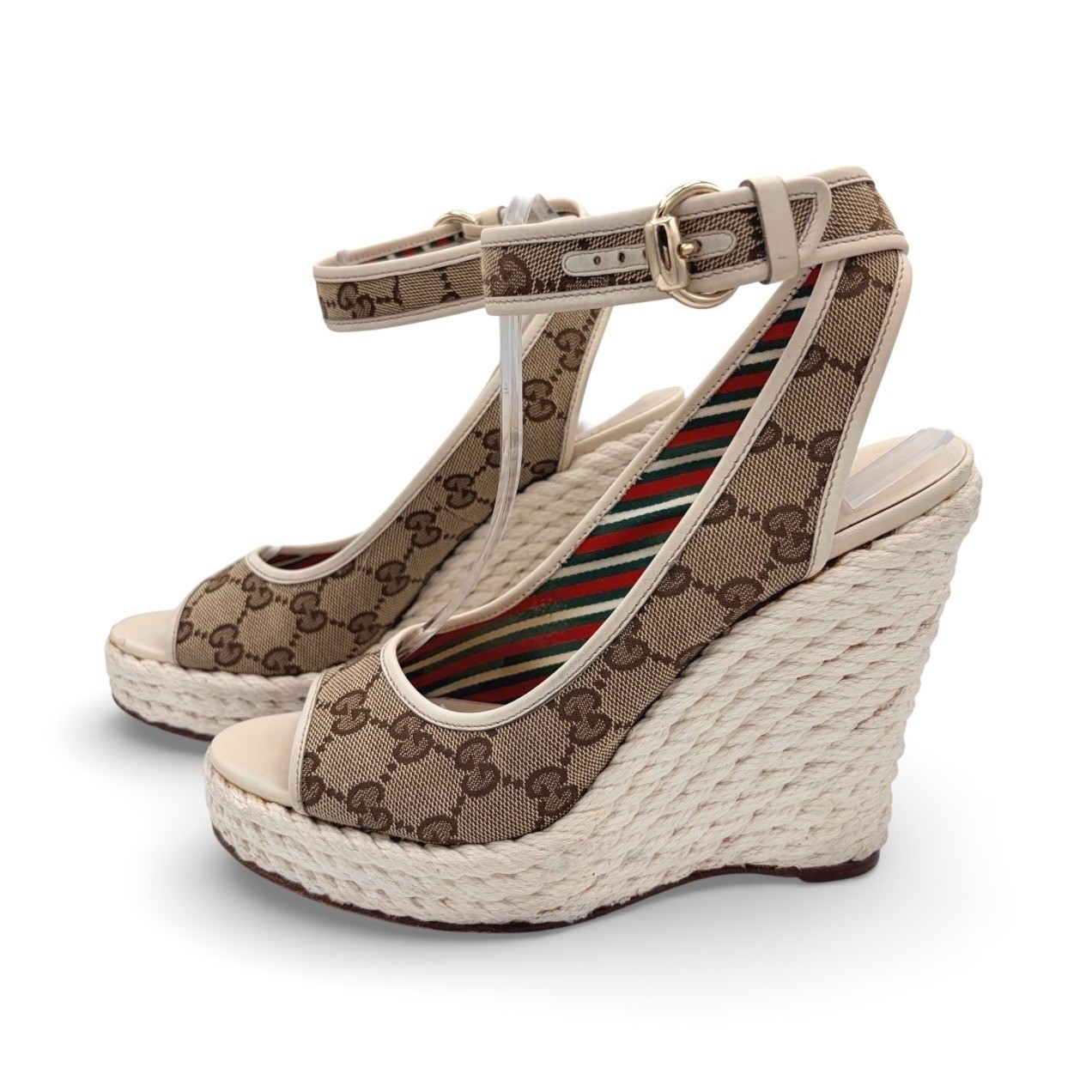 Gucci GG Supreme Canvas Sz 8 Espadrille Wedge Sandals Beige COA Authenticated