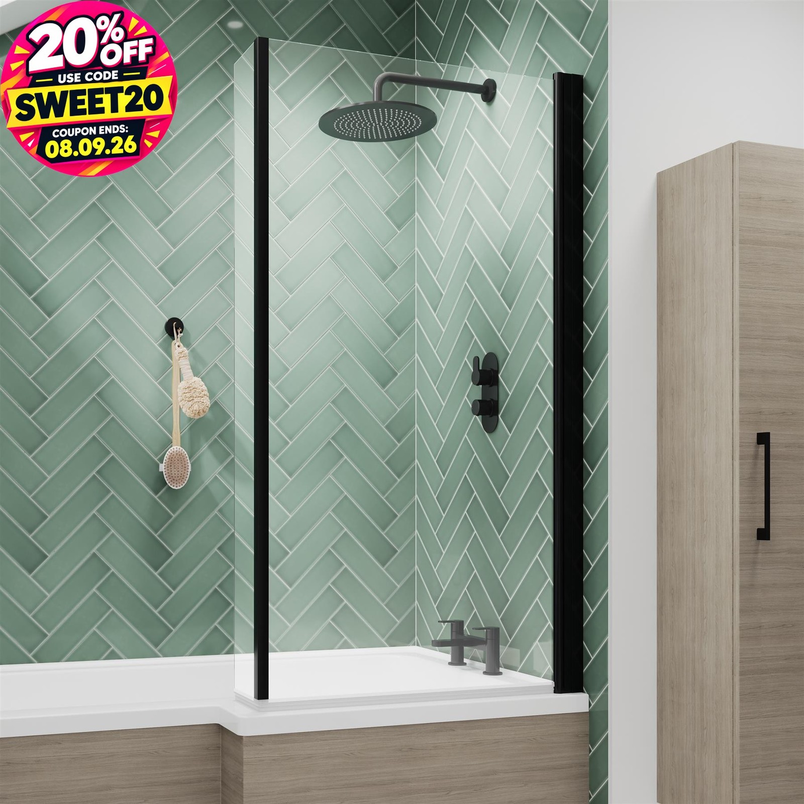 Over Bath Shower Screen Door 800mm Return Black Square 6mm Safety Glass Panel