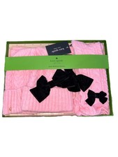 KATE SPADE NY CABLE HAT-SCARF-ARM WARMERS 3 PC. SET PINKW/BLACK VELVET BOWS.