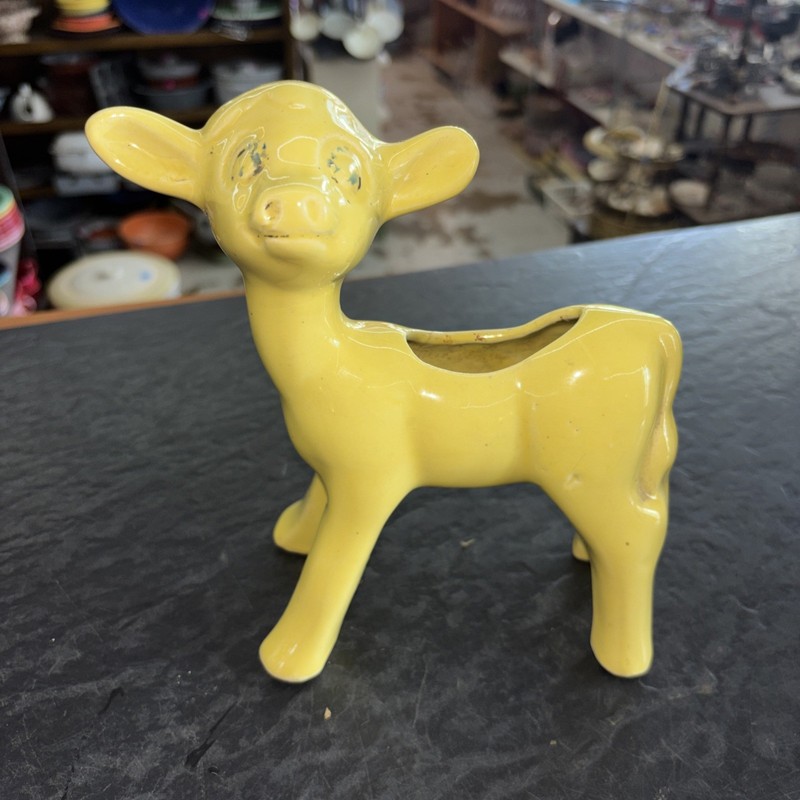 McCoy Vintage 1940s Pottery Baby Calf Planter Gloss Yellow Deer