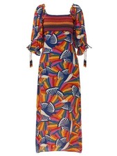 Farm Rio Rainbow Toucan Smocked Maxi Dress Puff Sleeve Colorful Boho