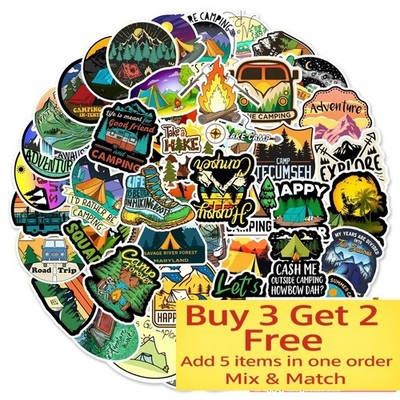 50pcs Waterproof Vinyl Stickers Camping Outdoorsy Hiking Trip Luggage Phone Car
