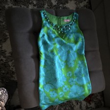 Eliza J Green Blue Floral Beaded Sheath Dress Sleeveless Round Neck Knee Length