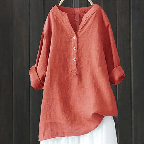 Plus Size Womens Long Sleeve Button V Neck Tunic Tops Casual Blouse Shirt Dress - Picture 12 of 32