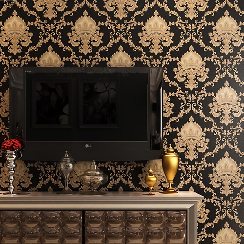 10M Black Gold Vintage Damask Waterproof Embossed Textured PVC Wallpaper Roll