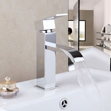 Bathroom Rectangle Faucet Chrome Waterfall Spout Mixer Deck Mount Brass Sink Tap