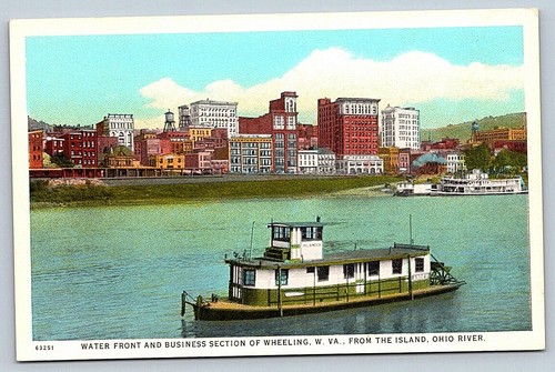Wheeling WV Postkarte Water Front & Business Section, von der Insel, Ohio River - Bild 1 von 2