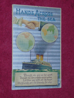ORIGINAL CIRCA 1910 POSTED GERMAN POSTCARD: ''HANDS ACROSS THE SEA''; STEAMER SHIP