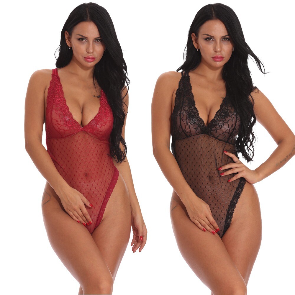Sexy V-neck Lace Mesh Bodysuit Babydoll Lingerie for Women
