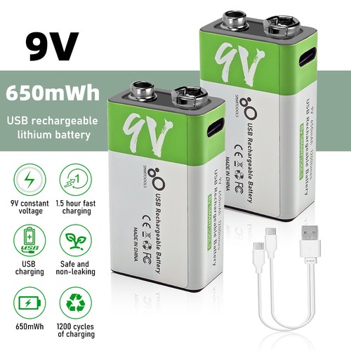 9V 9 Volt USB Lithium Ion Rechargeable Batteries 5V Fast Charger Type-C Cable - Picture 1 of 20