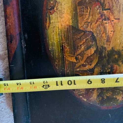 Antico vassoio da portata maggiordomo in legno con arte scenografica dipinta a mano al centro - Foto 9 di 9